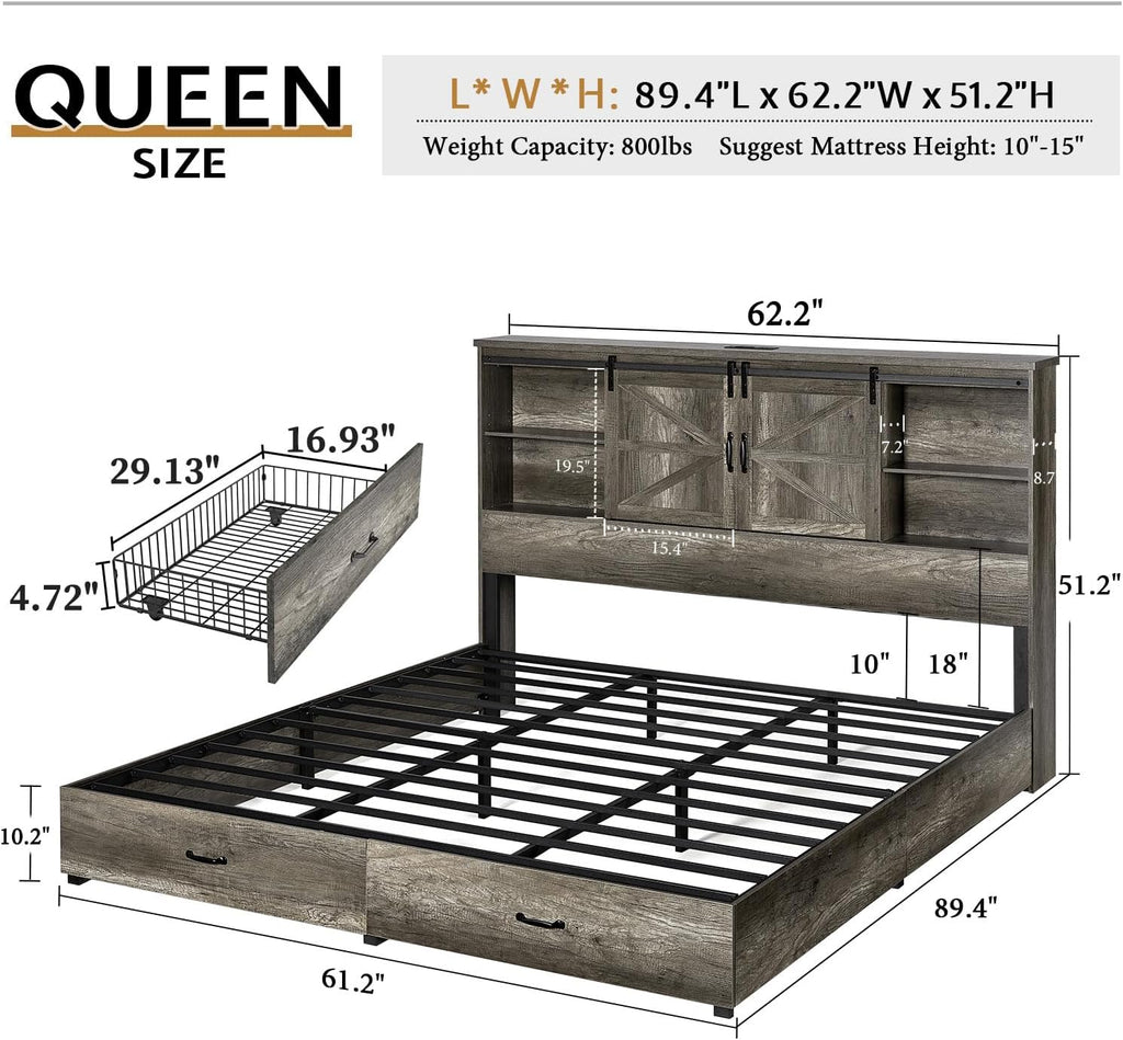 VanAcc Queen Size Bed Frame, Wooden Platform Storage Bed with 51.2' Bookcase Headboard, 2 Drawers, Charging Station/No Box Spring Needed/Noise Free(Rustic Grey)