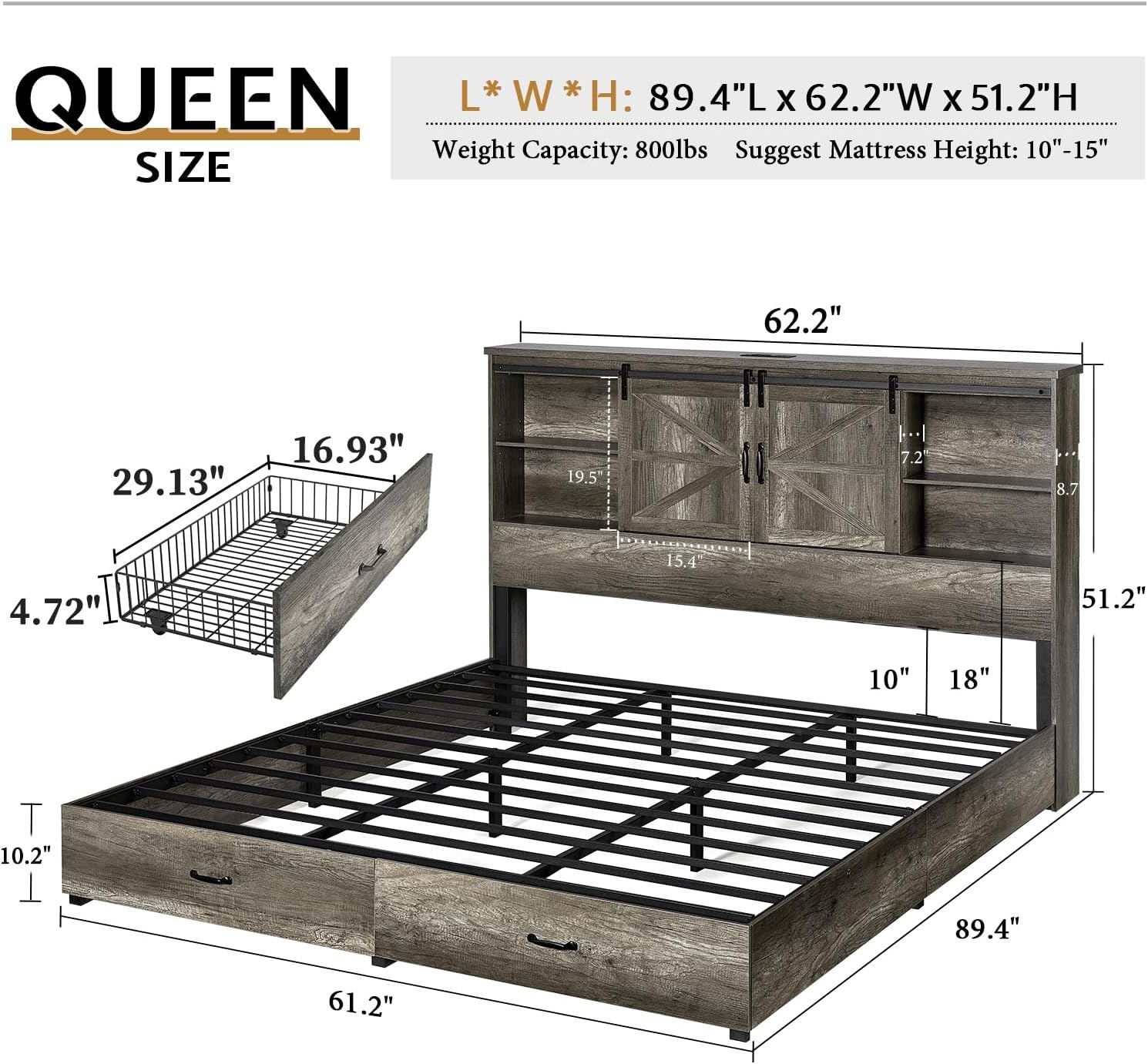 VanAcc Queen Size Bed Frame, Wooden Platform Storage Bed with 51.2' Bookcase Headboard, 2 Drawers, Charging Station/No Box Spring Needed/Noise Free(Rustic Grey)