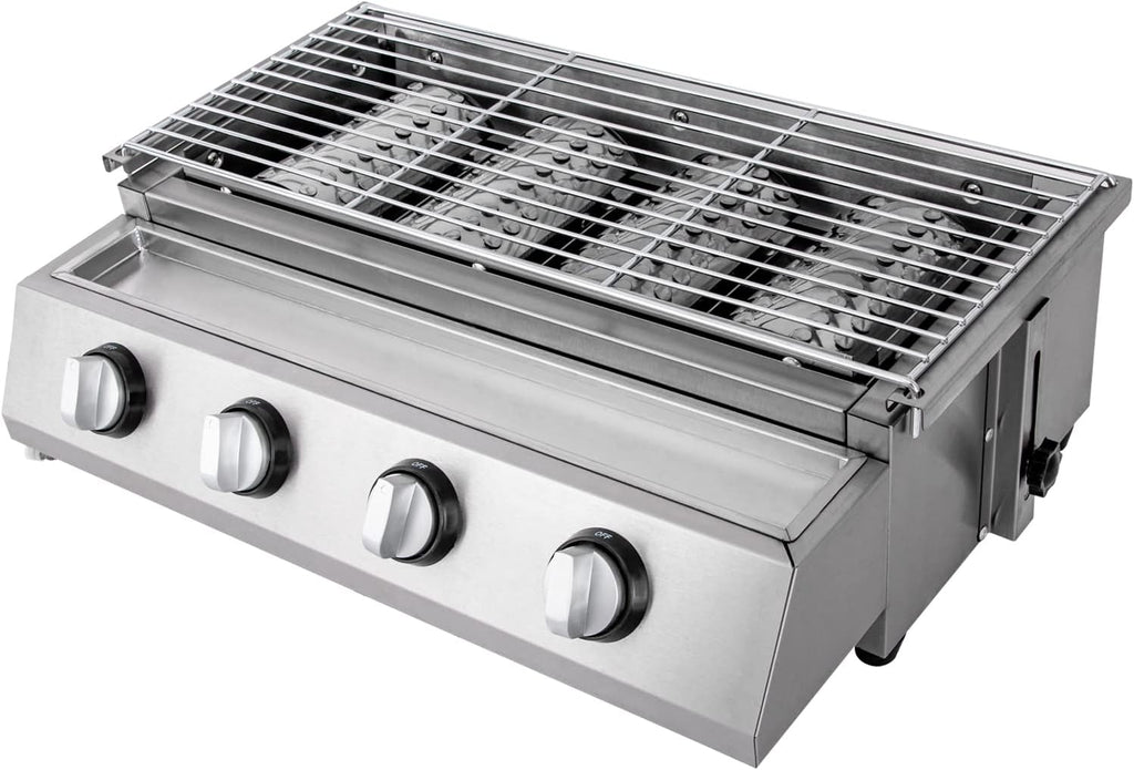 Commercial Gas Grill Smokeless Barbecue Grill, 4-Burner Outdoor & Indoor Barbecue Griddle, Portable Nonstick LPG Gas Yakitori Grill with Removable Grill Net for Restaurant, Picnic, Party