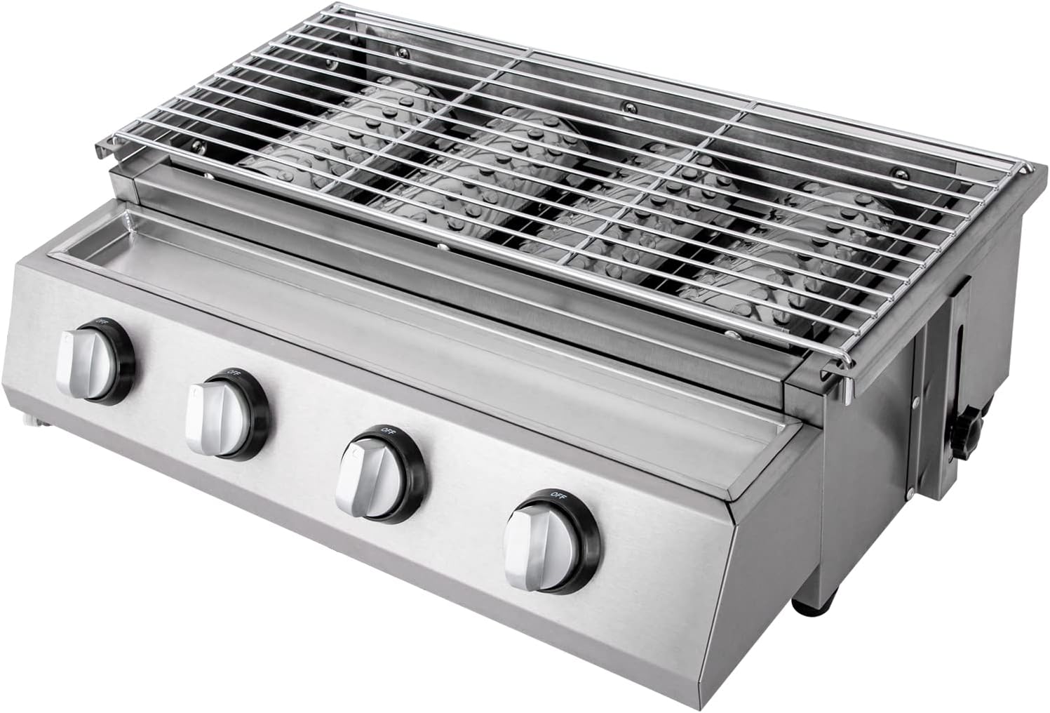 Commercial Gas Grill Smokeless Barbecue Grill, 4-Burner Outdoor & Indoor Barbecue Griddle, Portable Nonstick LPG Gas Yakitori Grill with Removable Grill Net for Restaurant, Picnic, Party