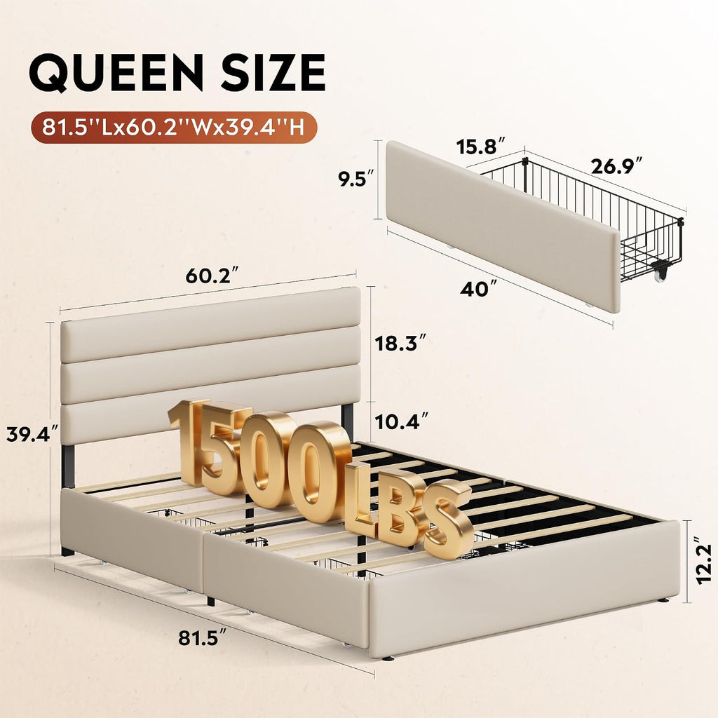 WLIVE Queen Size Upholstered Bed Frame with 4 Storage Drawers and Headboard, Velvet Platform Bedframe, Sturdy Metal & Wooden Slats Support, No Box Spring Needed, Easy Assembly, Beige
