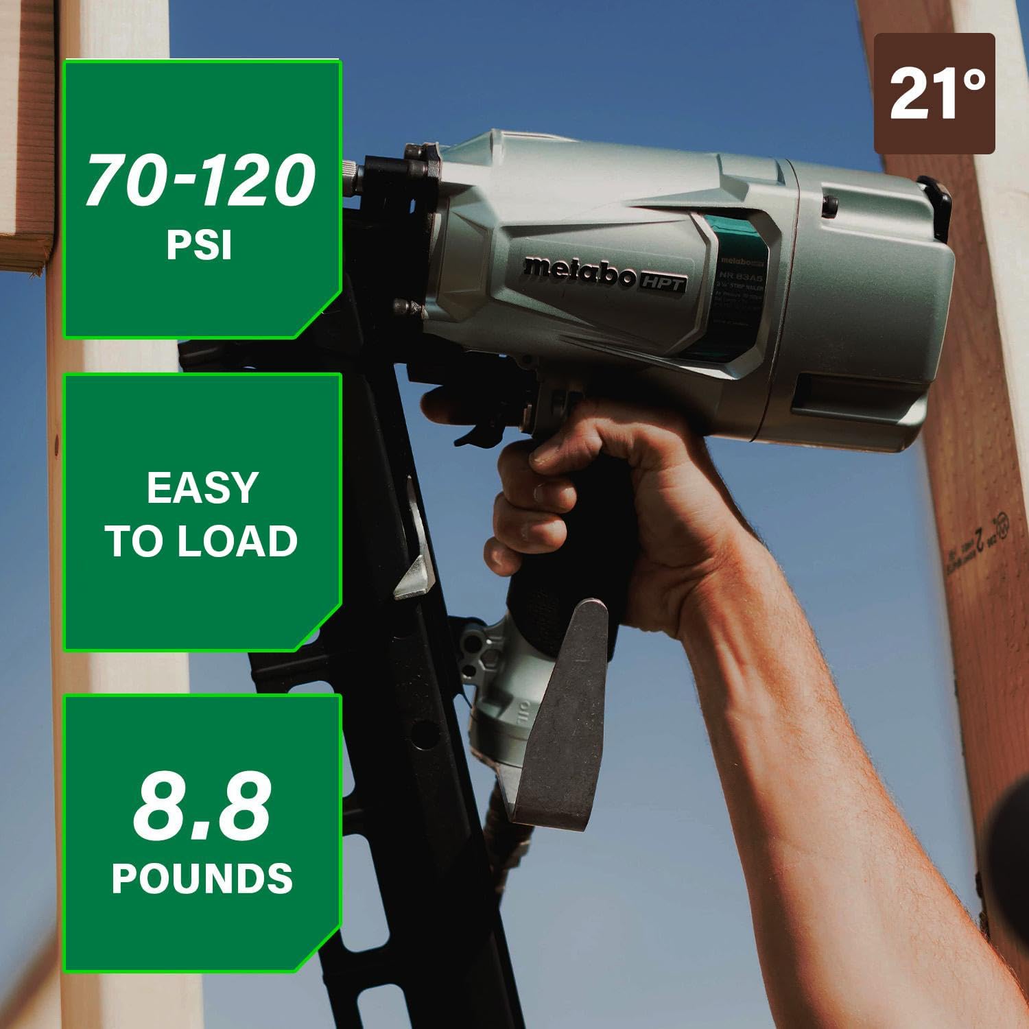 Metabo HPT Framing Nailer, Pro-Preferred Pneumatic Power Nailer & Framing Tool for Flooring, Roof Decking, Selectable Trigger & Rafter Hook, 21° 2' to 3-1/4' Plastic Collated Nails, NR83A5