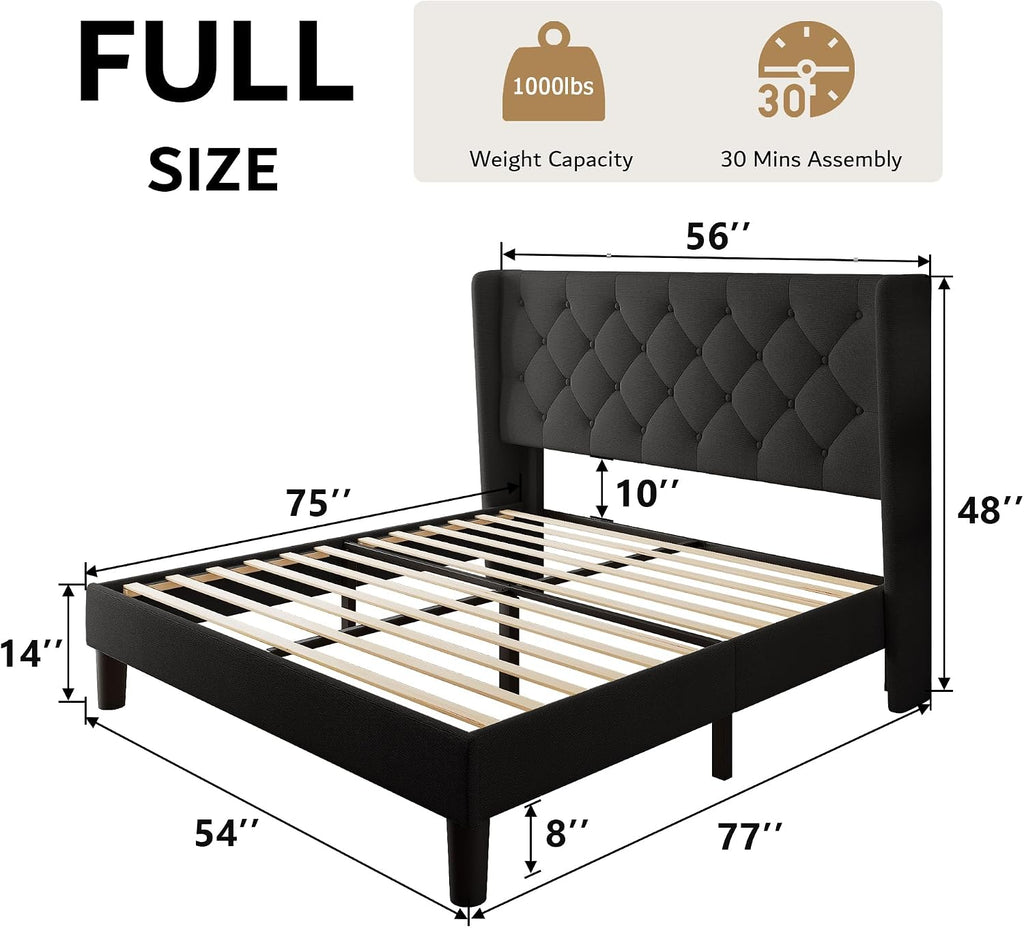 iPormis Full Size Platform Bed Frame with Button Tufted Headboard, Upholstered Bed Frame with Solid Wooden Slats, 8' Underbed Space, No Box Spring Needed, Noise Free, Easy Assembly, Black