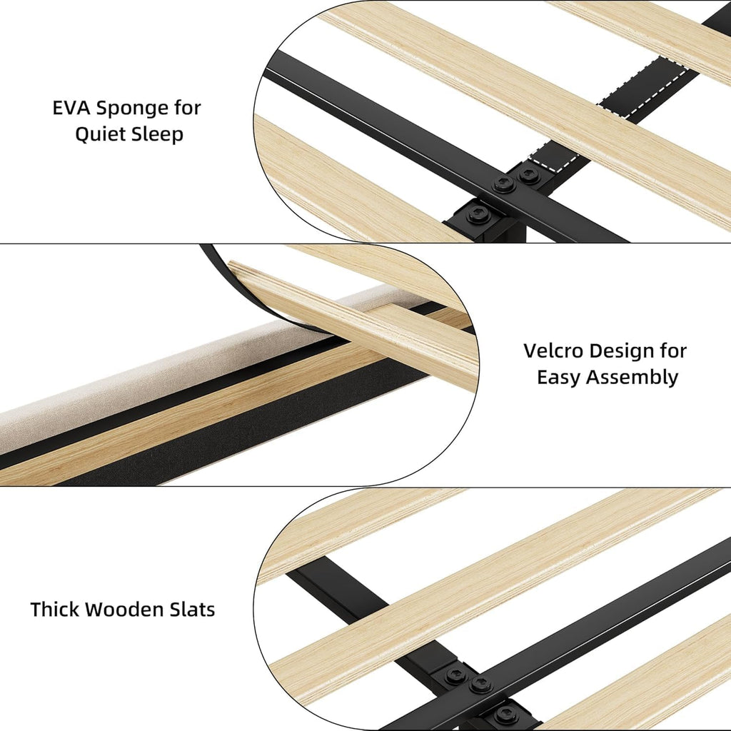 GarveeHome Upholstered Bed Frame with Storage Headboard and Charging Station, Platform Bed Frame with Drawers, Heavy Duty, No Box Spring Needed, Easy Assembly, Beige, Queen Size