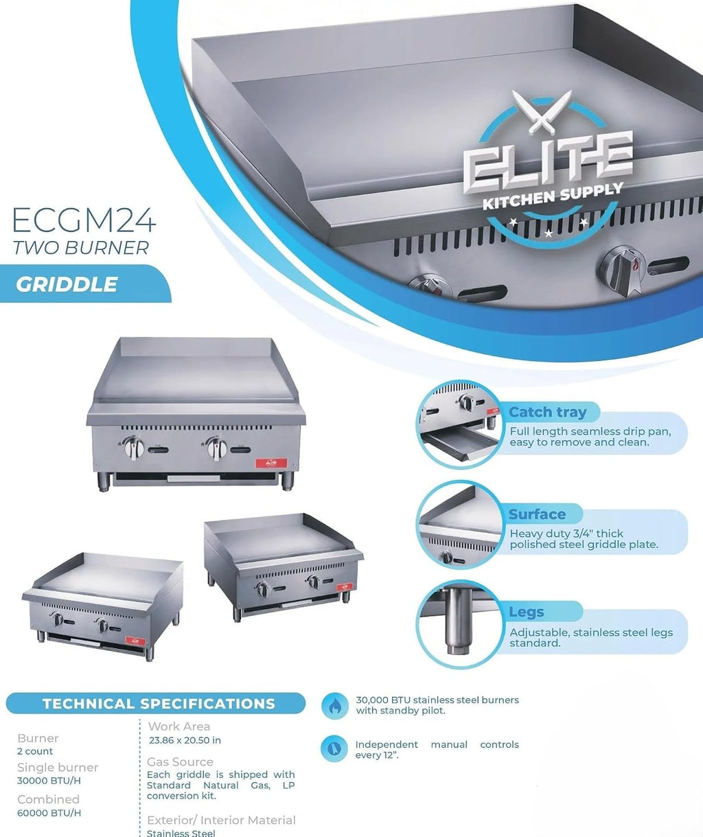 Commercial Countertop Griddle, ETL 24' Flat Top Grill Natural Gas (NG) / Propane, 2 Burners - 60000BTU