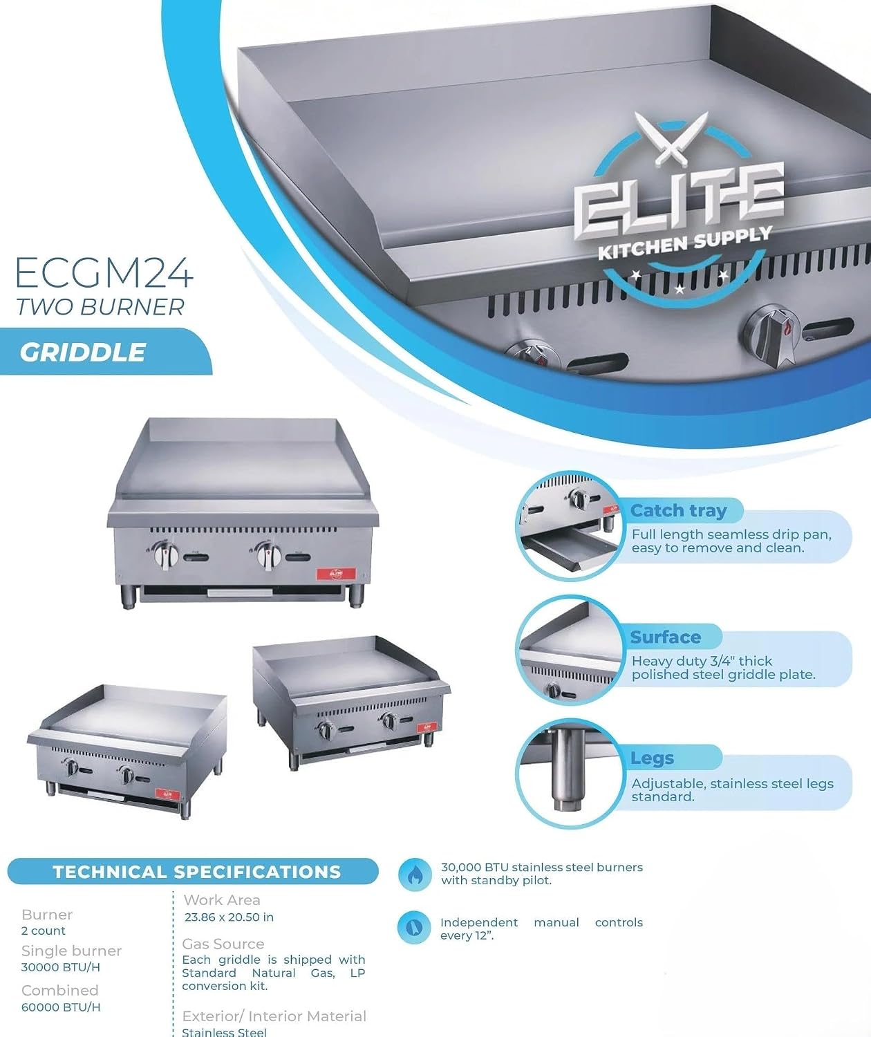 Commercial Countertop Griddle, ETL 24' Flat Top Grill Natural Gas (NG) / Propane, 2 Burners - 60000BTU