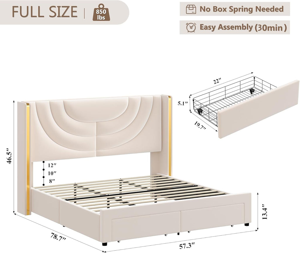 HITHOS Full Upholstered LED Bed Frame with 2 Storage Drawers, Velvet Platform Bed with Wingback Headboard, Solid Wooden Slats Support, No Box Spring Needed, Headboard Splicing Design, Beige