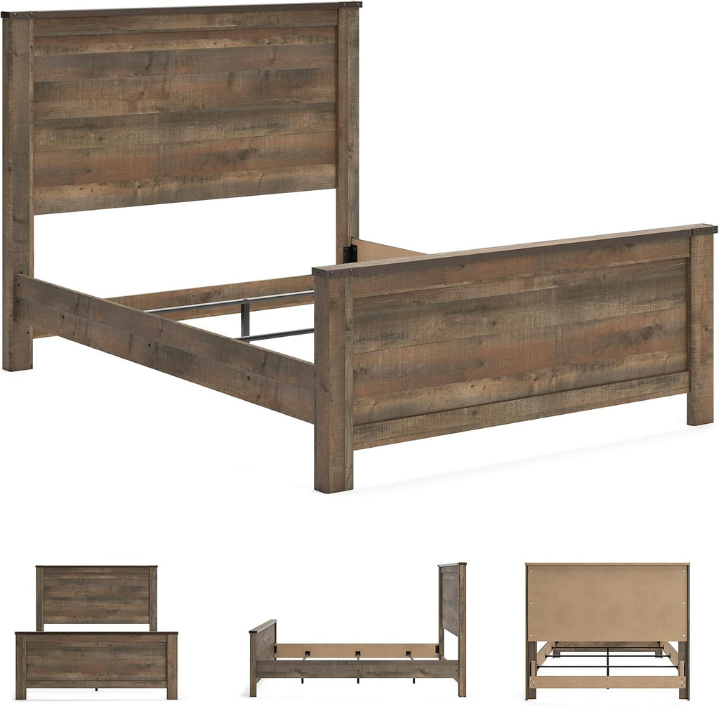 Signature Design by Ashley Trinell Casual Queen Panel Bed with Metal Slats and Nailheads, Foundation or Box Spring Needed, Dark Brown