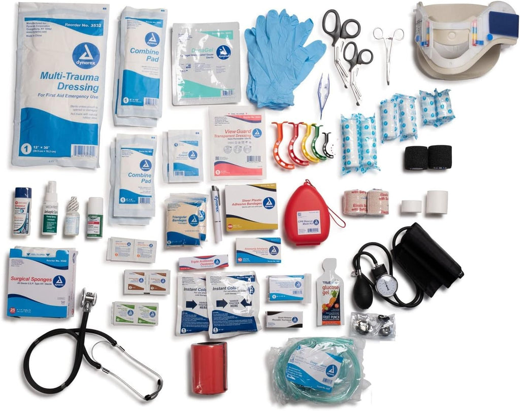 Scherber Fully-Stocked First Responder Professional Advanced EMT/EMS Trauma Kit | HSA/FSA Approved | Reflective Bag w/10+ Compartments, Zippered Pockets & 250+ First Aid Supplies (Black)
