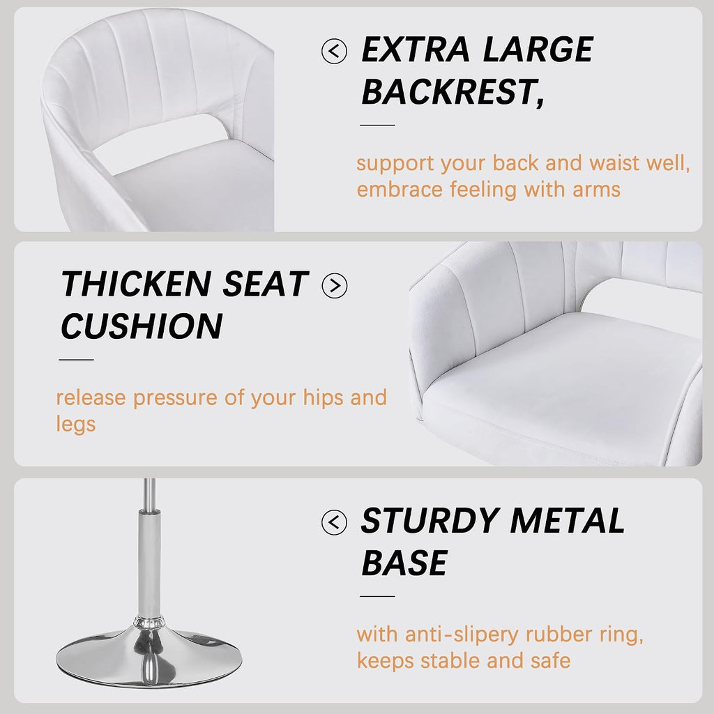 VECELO Velvet Accent Chair Set of 2, Adjustable Luxury Vanity & Dining Chair with Gold Barstool Base, 360°Swivel Upholstered Armchair for Living Room, Bedroom, Home Office, Pearl White
