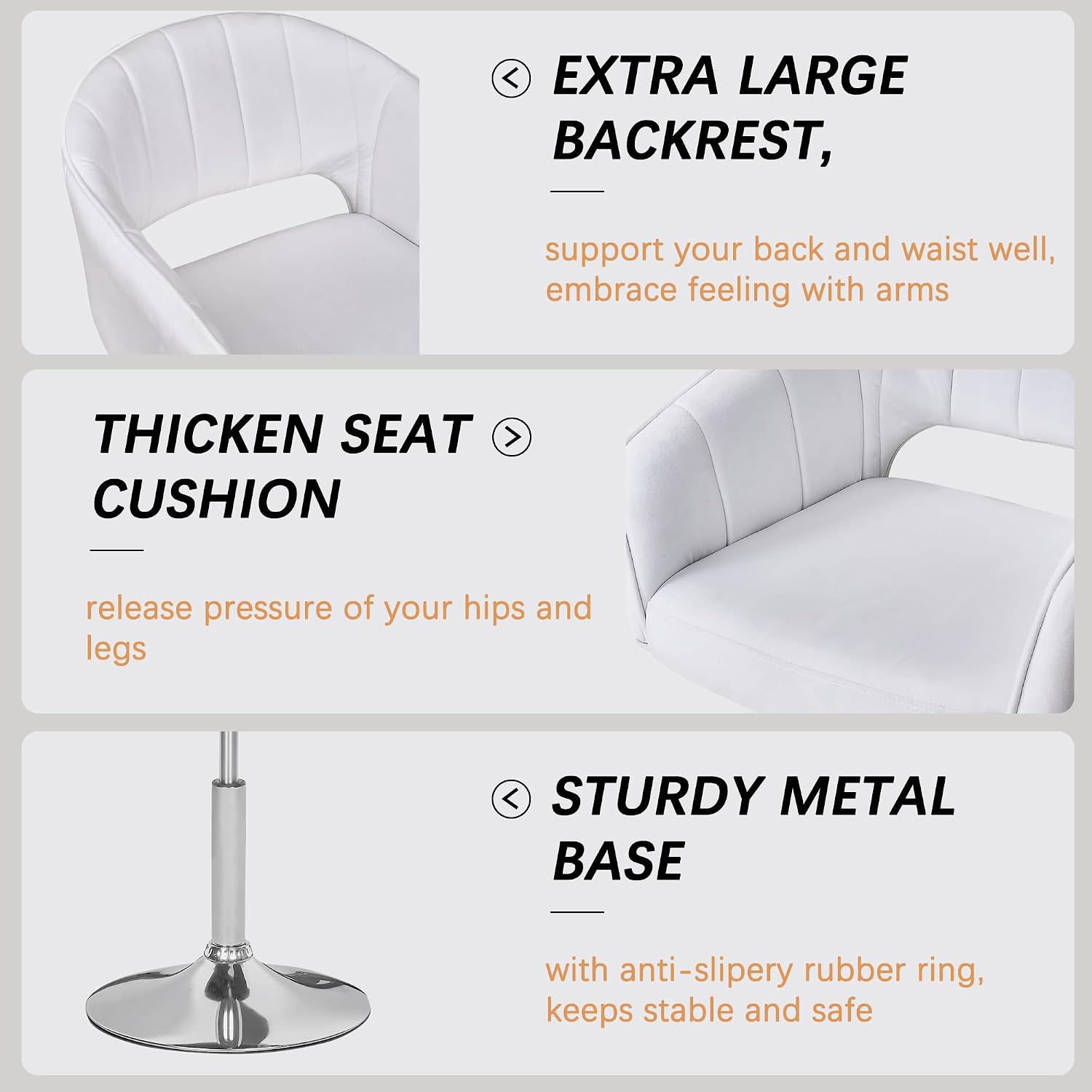 VECELO Velvet Accent Chair Set of 2, Adjustable Luxury Vanity & Dining Chair with Gold Barstool Base, 360°Swivel Upholstered Armchair for Living Room, Bedroom, Home Office, Pearl White