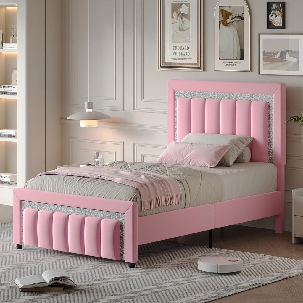 HOMBCK Twin Size Bed Frame with Headboard, Velvet Upholstered Platform Bed with Wooden Slats Support, Mattress Foundation, Twin Bed Frames for Girls, No Box Spring Needed, Easy Assembly, Pink