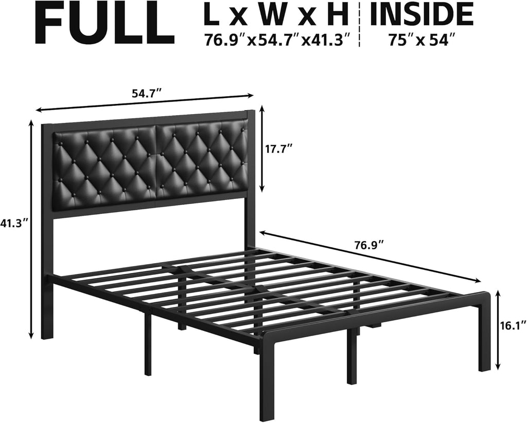 Fluest Full Bed Frame with Headboard PU Leather Upholstered Bed Frame Platform,All Metal Slats Support Platform Bed Frame with Storage Space,Easy Assembly,Noise Free,No Box Spring Needed,Black