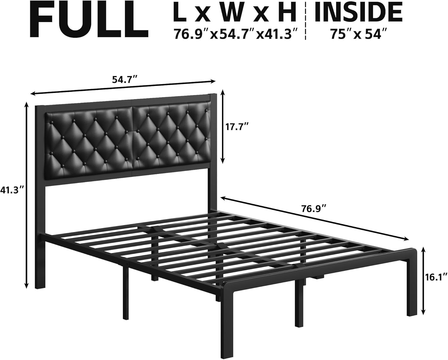 Fluest Full Bed Frame with Headboard PU Leather Upholstered Bed Frame Platform,All Metal Slats Support Platform Bed Frame with Storage Space,Easy Assembly,Noise Free,No Box Spring Needed,Black