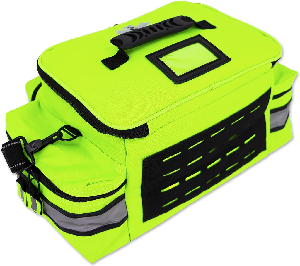 Lightning X Mid-Sized First Responder EMT Bag | LXMB25 | Fully Stocked w/ 248+ First Aid Supplies + Trauma Pak w/C.A.T. Tourniquet & QuikClot - Fluorescent Yellow