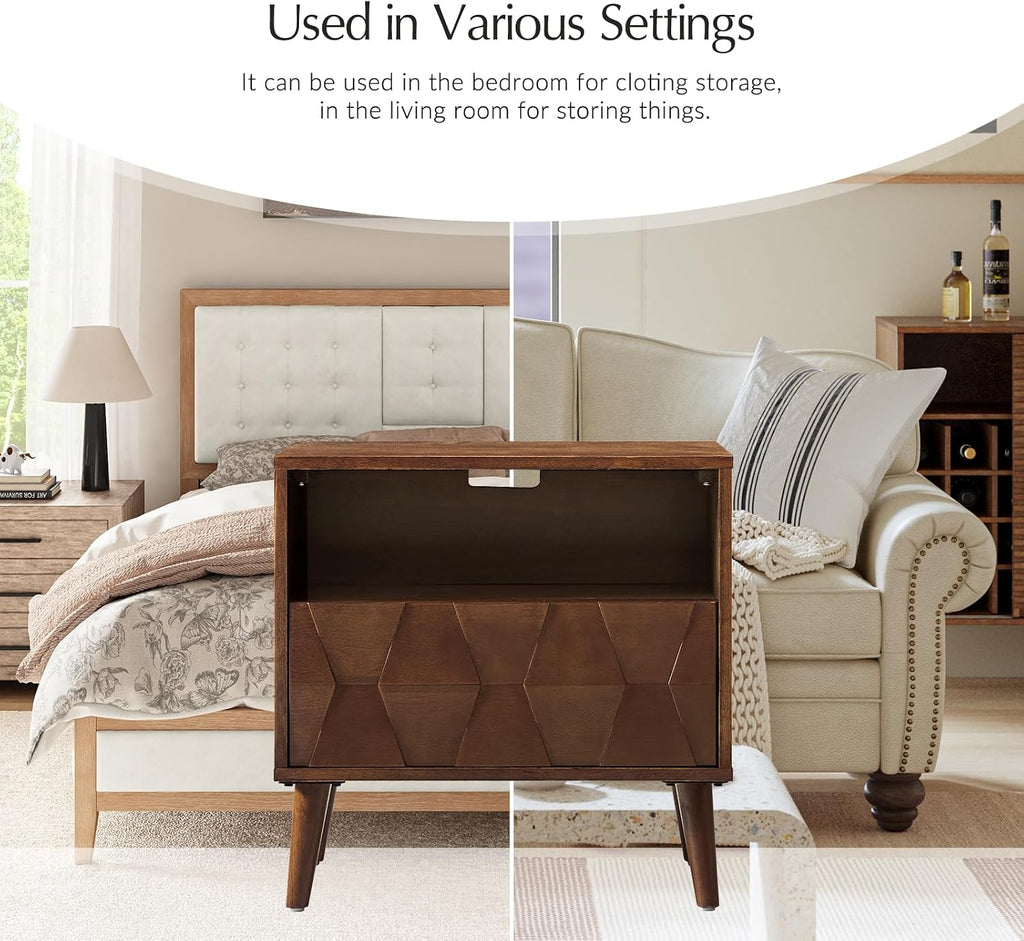 HULALA HOME Mid Century Modern Nightstand with Solid Wood Legs,Drawer Organizer with Charging Station, Geometric Pattern Nightstand, Walnut