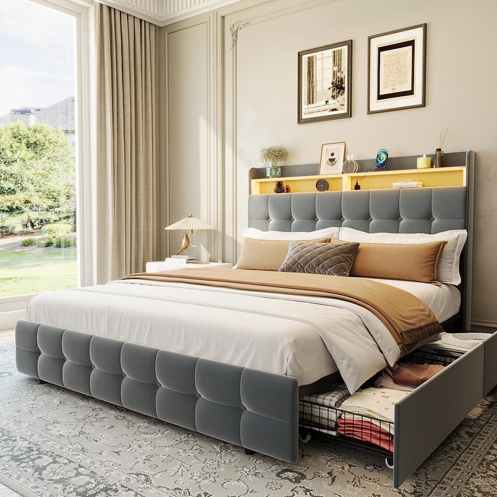 Garvee Queen Size Bed Frame with 2 Storage Drawers, Upholstered Bed Frame Queen with LED Light, Double-Layer Bedside Headboard with Charging Socket and USB Port, Soft Plush Fabric, Grey