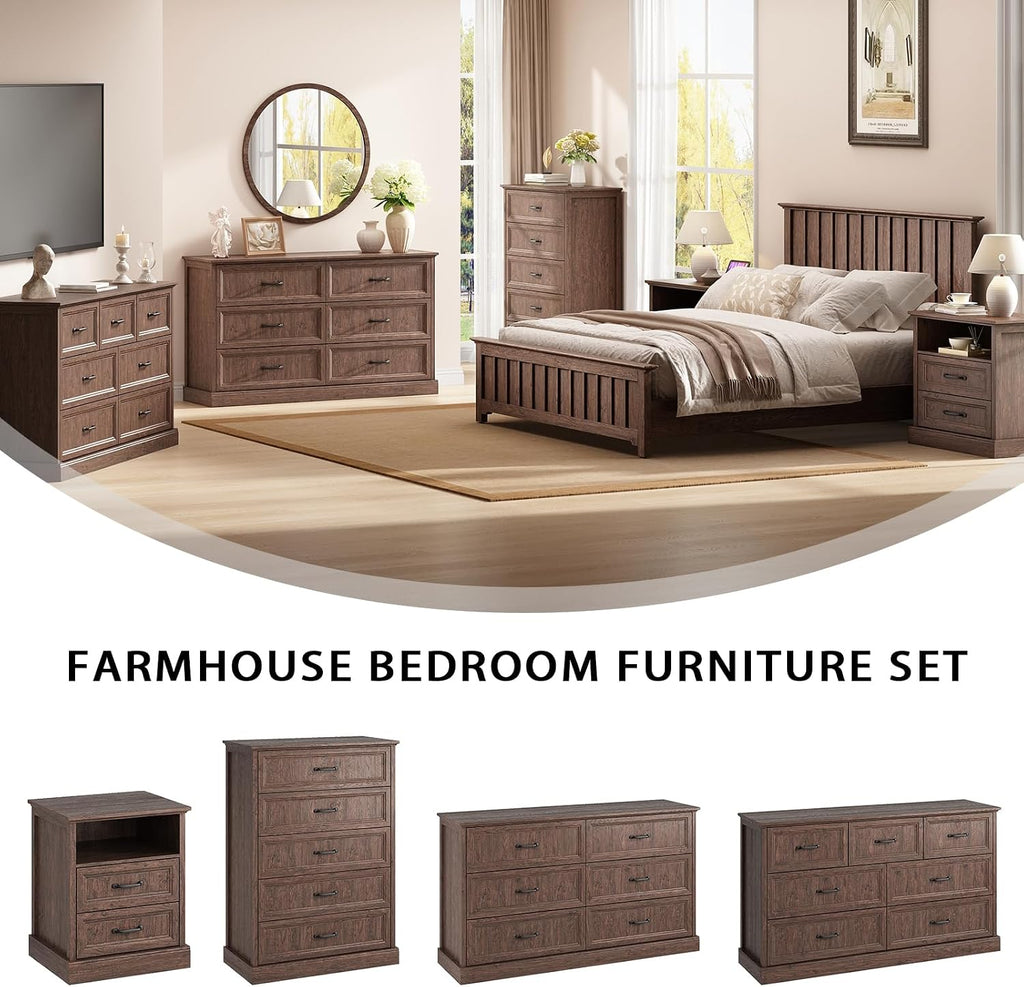 CARPETNAL Farmhouse Dresser and Nightstand Sets for Bedroom, 3 Pcs Bedroom Set, 7 Drawer Dresser & Nightstand Set of 2, Modern Wood Chest of Drawers for Bedroom, Living Room, Entryway, Brown