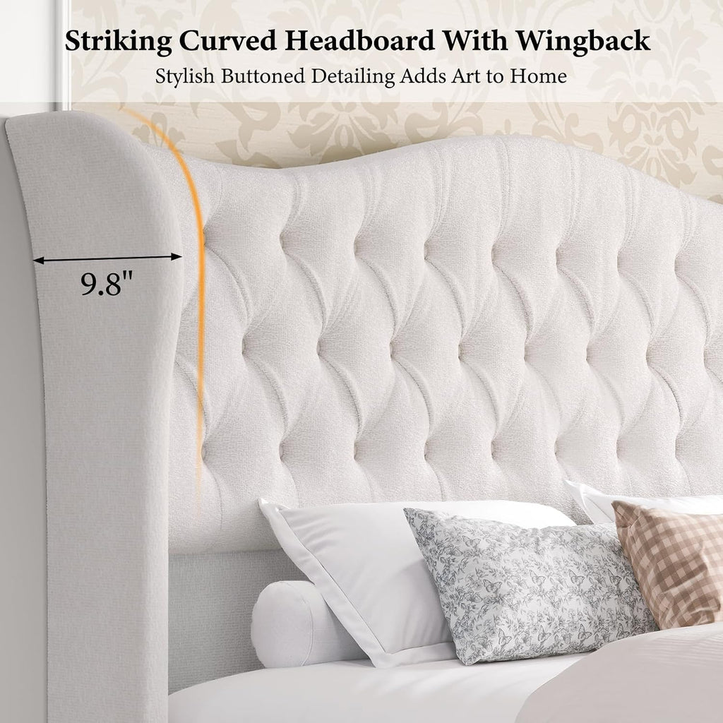 koorlian Queen Size Bed Frame,Chenille Upholstered Sleigh Bed with Scroll Wingback Headboard & Footboard,Luxury & Soft Button Tufted Queen Modern Bed,Easy Assembly,No Box Spring Needed