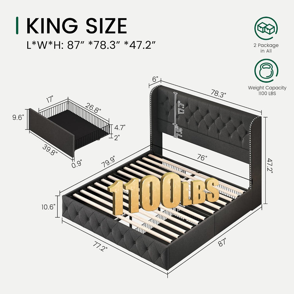 LARMACE King Size Platform Bed Frame with 4 Storage Drawers and 47.2' Tall Tufted Headboard Linen Upholstered Bed Wingback Bed Frame with Wooden Slats Support, Easy Assembly, Dark Grey