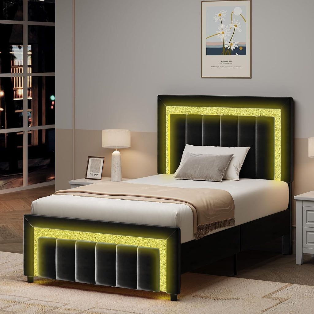 HOMBCK Twin Bed Frame with LED Lights and Velvet Upholstered Adjustable Headboard, Twin Size Bed Frames with Diamond Headboard & Footboard, Wood Slats Support, Noise Free, No Box Spring Needed, Black