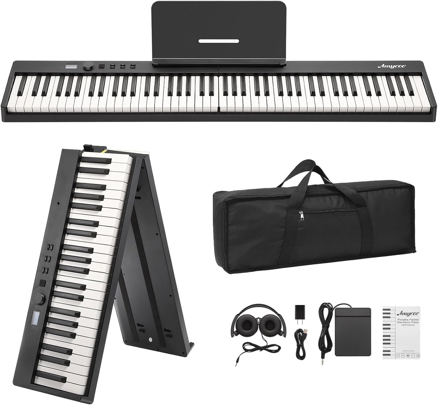 Home Digital Pianos, 88-Key Full-Size Semi-Weighted Folding Keyboard Piano, Portable Digital Piano with Headphones, Sustain Pedal, Power Adapter & Travel Case for Beginners and Adults