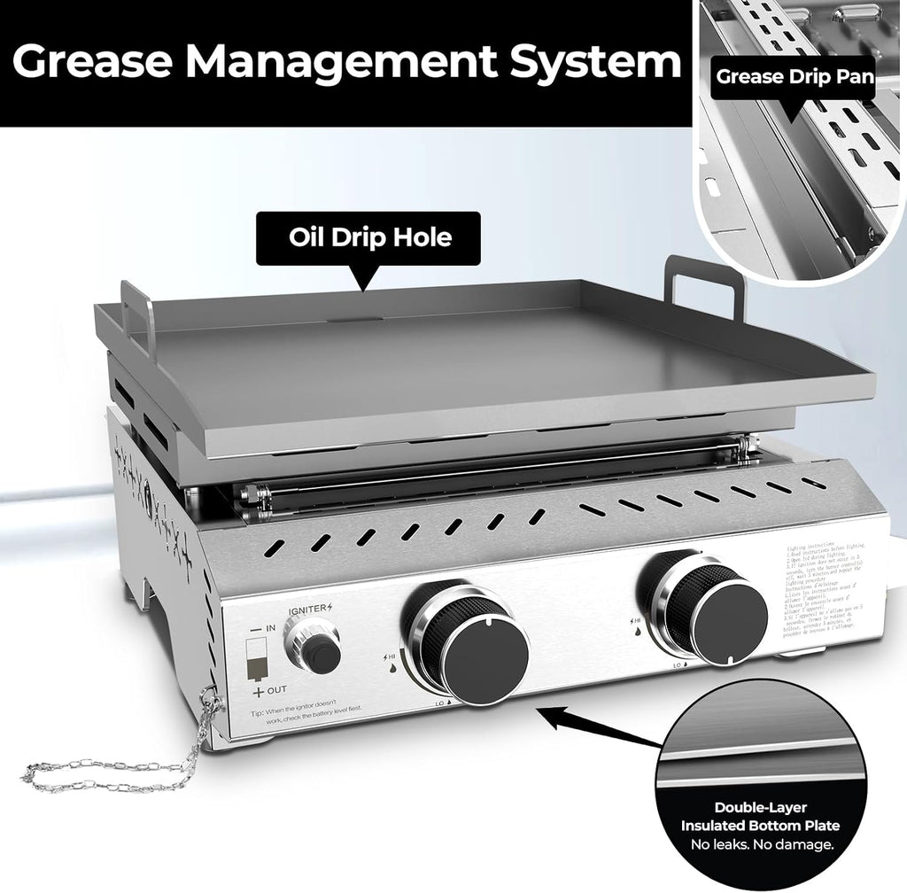 R.W.FLAME Portable Propane Griddle,Stainless Steel Gas Grill,Table Top Grill for Outdoor BBQ,Camping and RVs,Silver (2 Burner)
