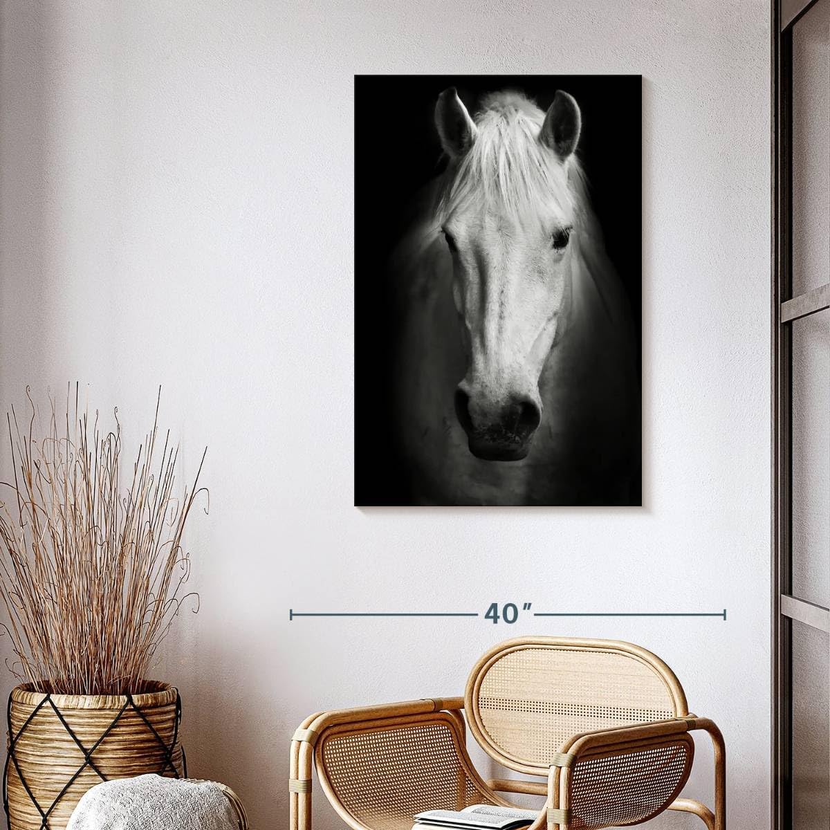 ElephantStock - White Thoroughbred Horse Wall Art - Vertical Canvas Wall Art - Living Room Wall Decor - Photography Animal Canvas Art - Black And White Decor - 26' x 39'