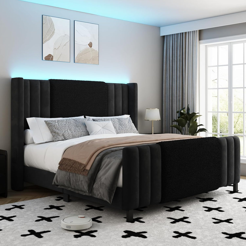 Lihimte Queen Size Bed Frame with Tall Headboard and Footboard, Boucle and Velvet Upholstered Bed Frame Queen with LED Lights, Modern Platform Bed Frames, Noiseless, Easy Assembly, Black