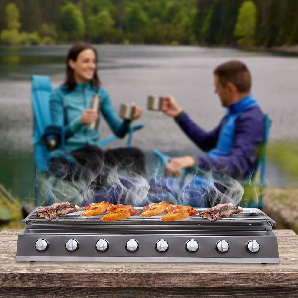 LYNICESHOP 8 Burners BBQ Gas Grill, BBQ Gas Grill LPG Tabletop Gas Grill Stainless Steel w/Steel Shield Gas Grill Griddle Patio Garden Barbecue Grill with Adjustable Height for Party Backyard BBQ