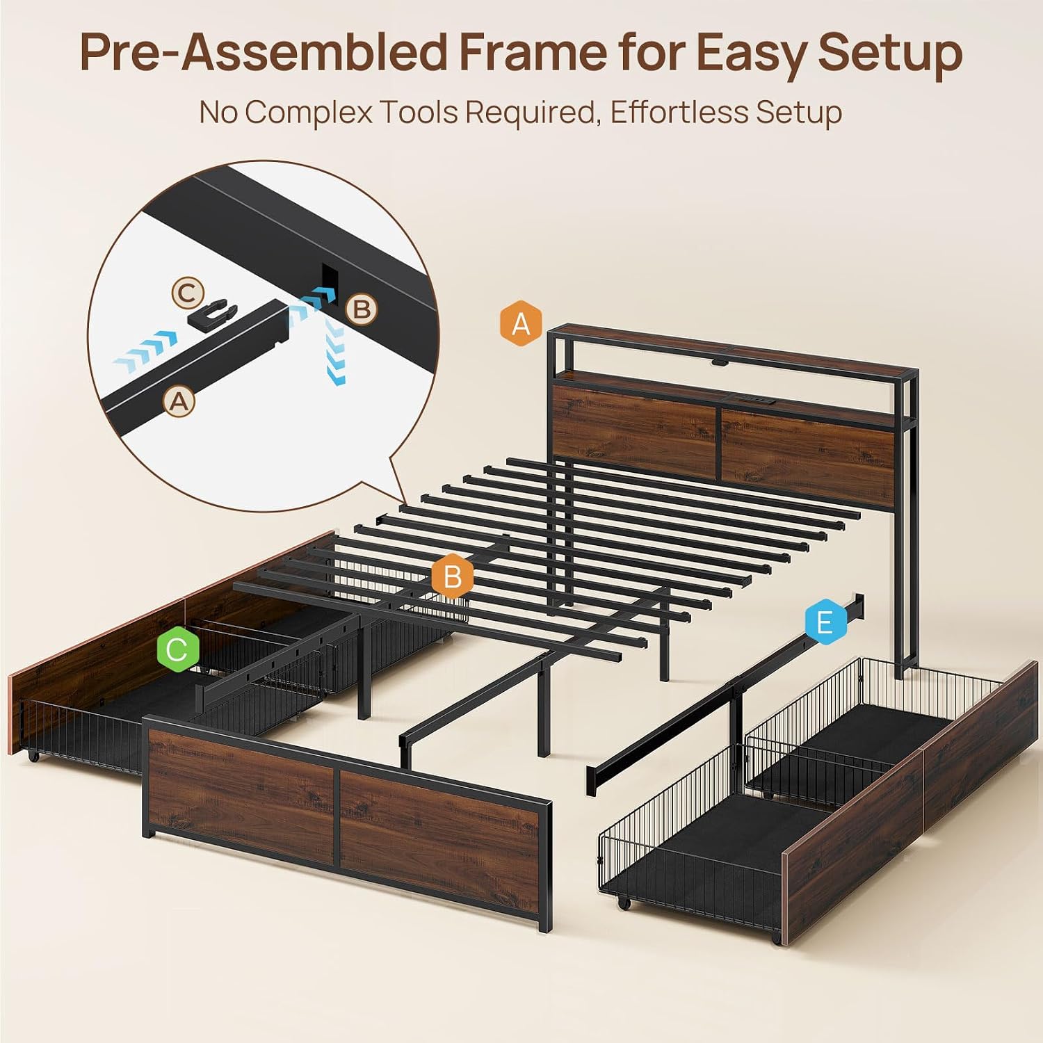 Rolanstar Twin Bed Frame with 4 Storage Drawers & 2-Tier Storage Headboard, Metal Platform Bed Frame with Charging Station & LED Lights, Noise-Free, No Box Spring Needed, Easy Assembly, Espresso
