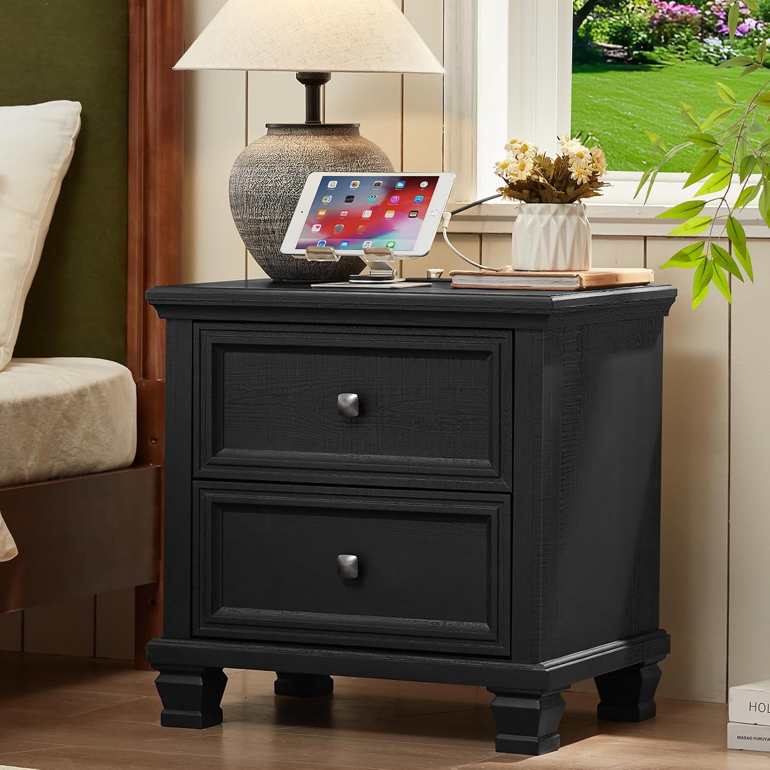 SAVOR LIFE Farmhouse Bedroom Dresser and Nightstand Set of 4, 6 Drawer Low & 5 Drawers Dresser & 2 Drawer Nightstand Set, Rustic Wood Furniture Set for Bedroom, Hallway, Black