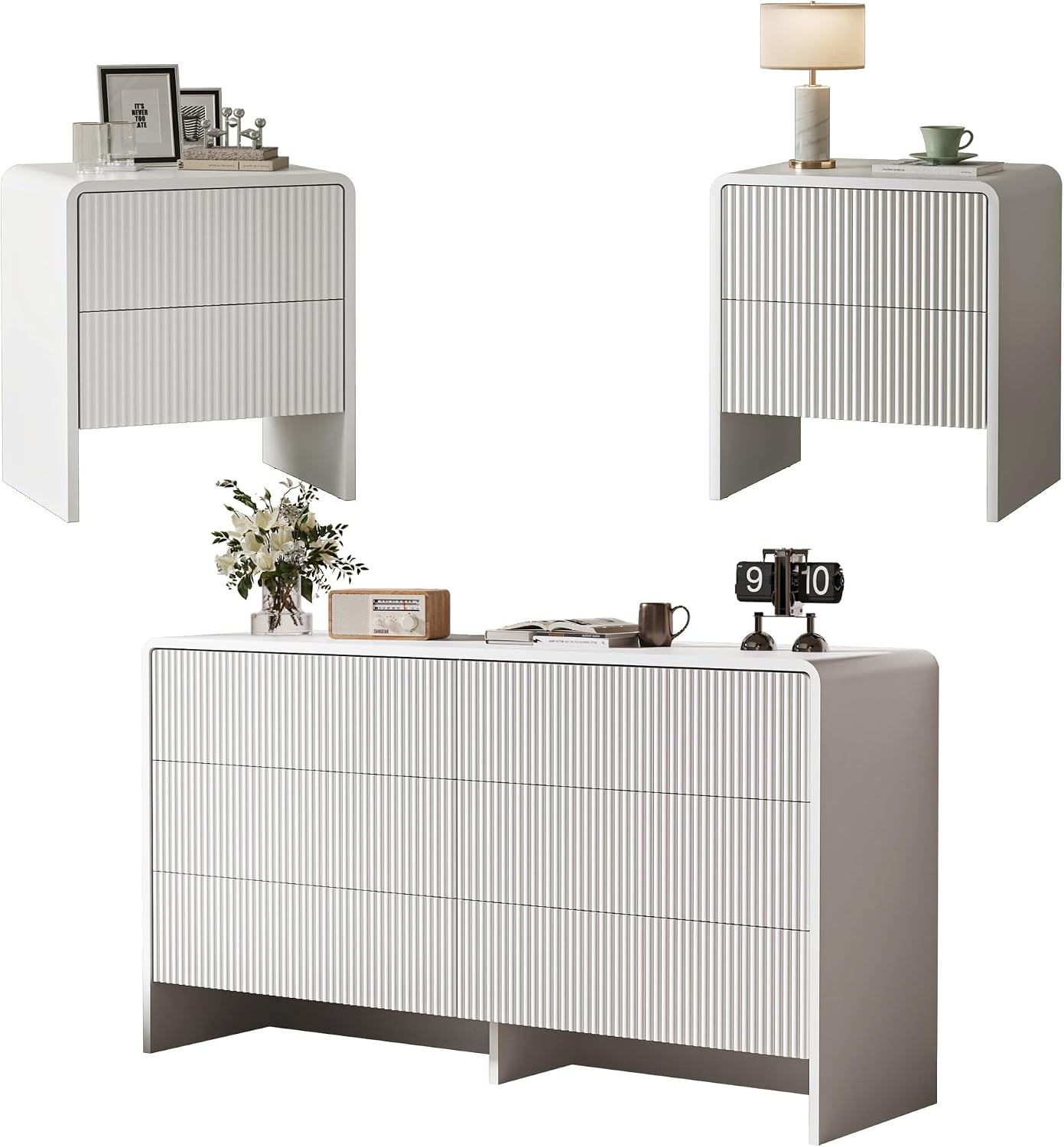 MAISONARIA 3-Piece Curved Dresser Bedroom Set, 6 Drawer Dresser & 2 Drawer Nightstands with Pop-up Design, Fluted Wood Chest of Drawers for Bedroom, Living Room, Entryway, White