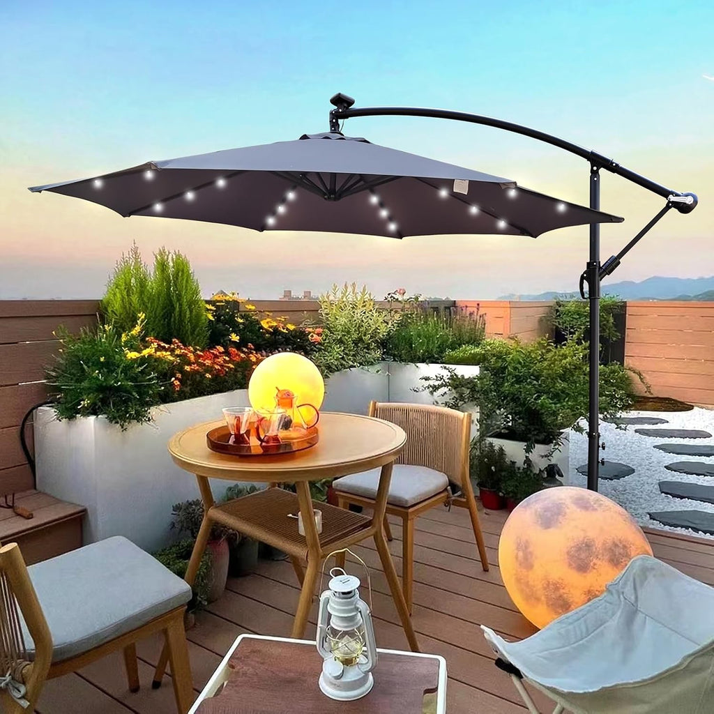 10ft 8 Ribs Outdoor Patio Umbrella with 24 LED Lights, Solar Powered Lighted Sun Shade Market Umbrella with Crank and Cross Base, for Garden Deck Backyard Pool Deck Swimming Pool
