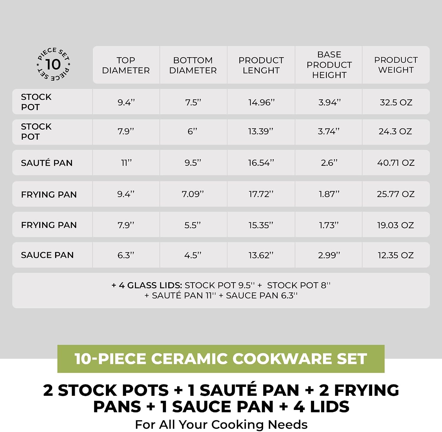 BRA COOKWARE Life 12-Piece Ceramic Cookware Set | Recycled Cast Aluminum Pots & Pans Set w/ 2 Pots, 1 Sauté Pan, 3 Pans, 1 Saucepan, 1 Grill, 4 Lids | Ceramic Non-Stick Coating | All Stovetops
