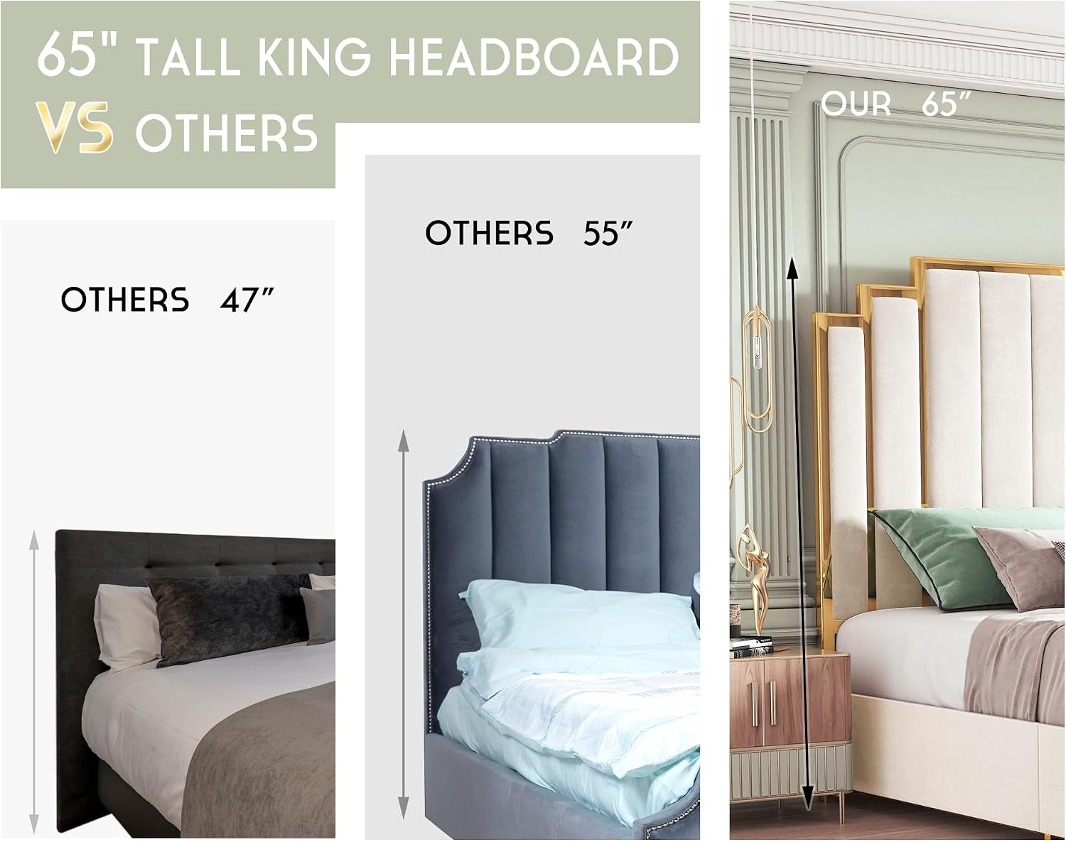 HOWE King Size Bed Frame and 65' Headboard, Upholstered Bed with Golden Plating Trim, Modern Platform Bed No Box Spring Needed, Cream