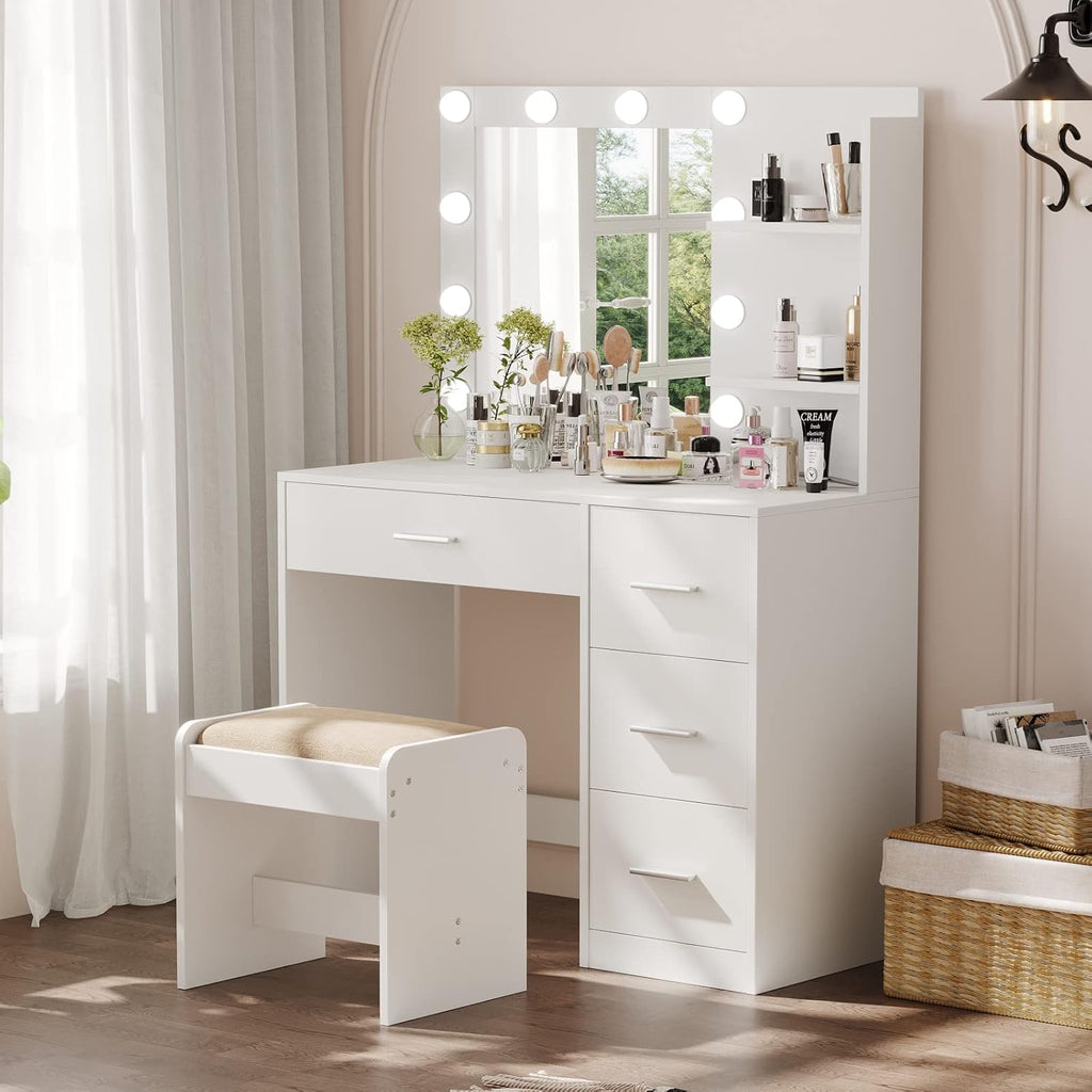 Rovaurx Vanity Desk with Mirror and Lights, Makeup Vanity Table with Storage Shelves and 4 Drawers, Bedroom Dressing Table, 10 LED Lights, 3 Color Modes & Adjustable Brightness, White