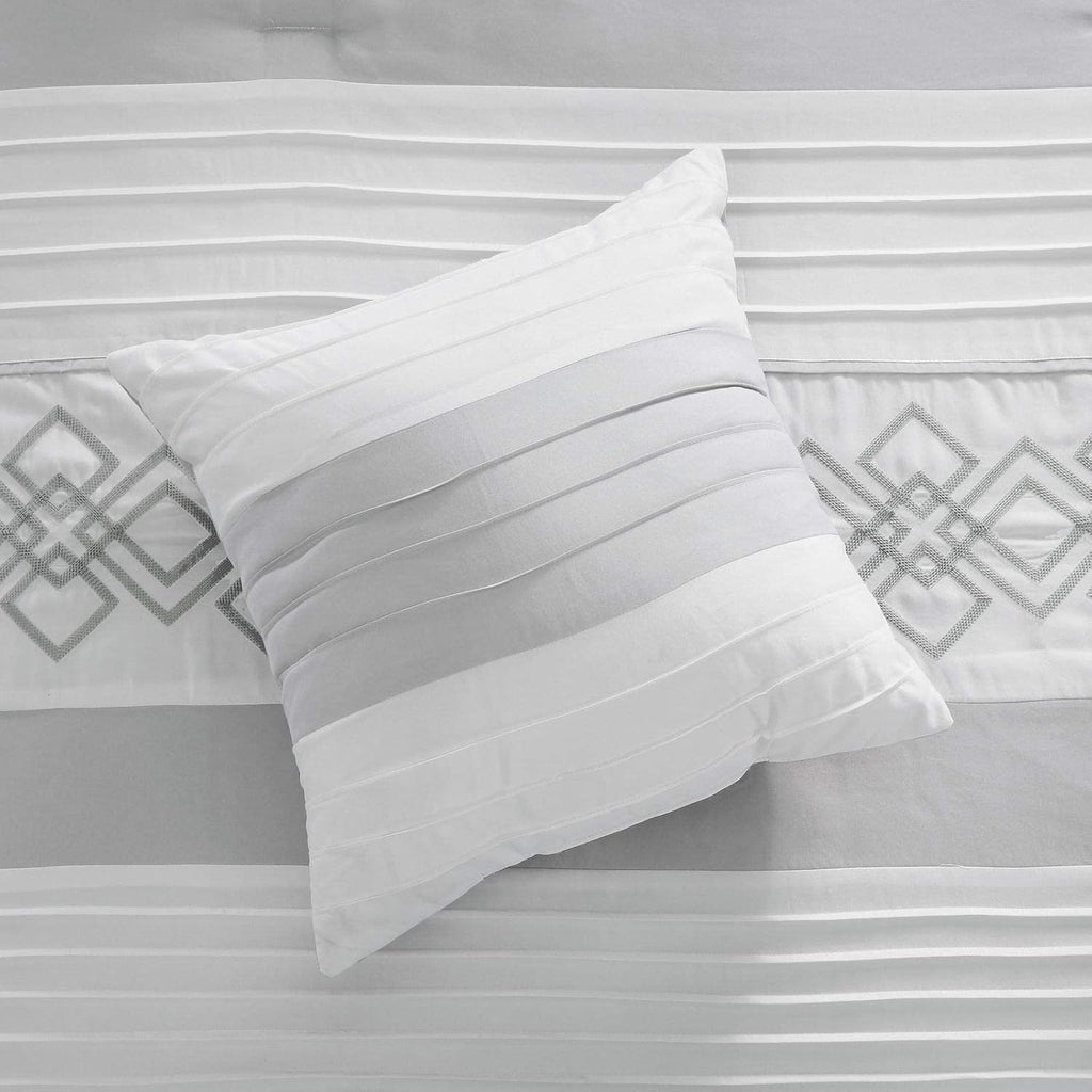 Chezmoi Collection Ariel 7-Piece Gray Geometric Chenille Embroidery Pleated Striped Comforter Bedding Set, Oversized King Size