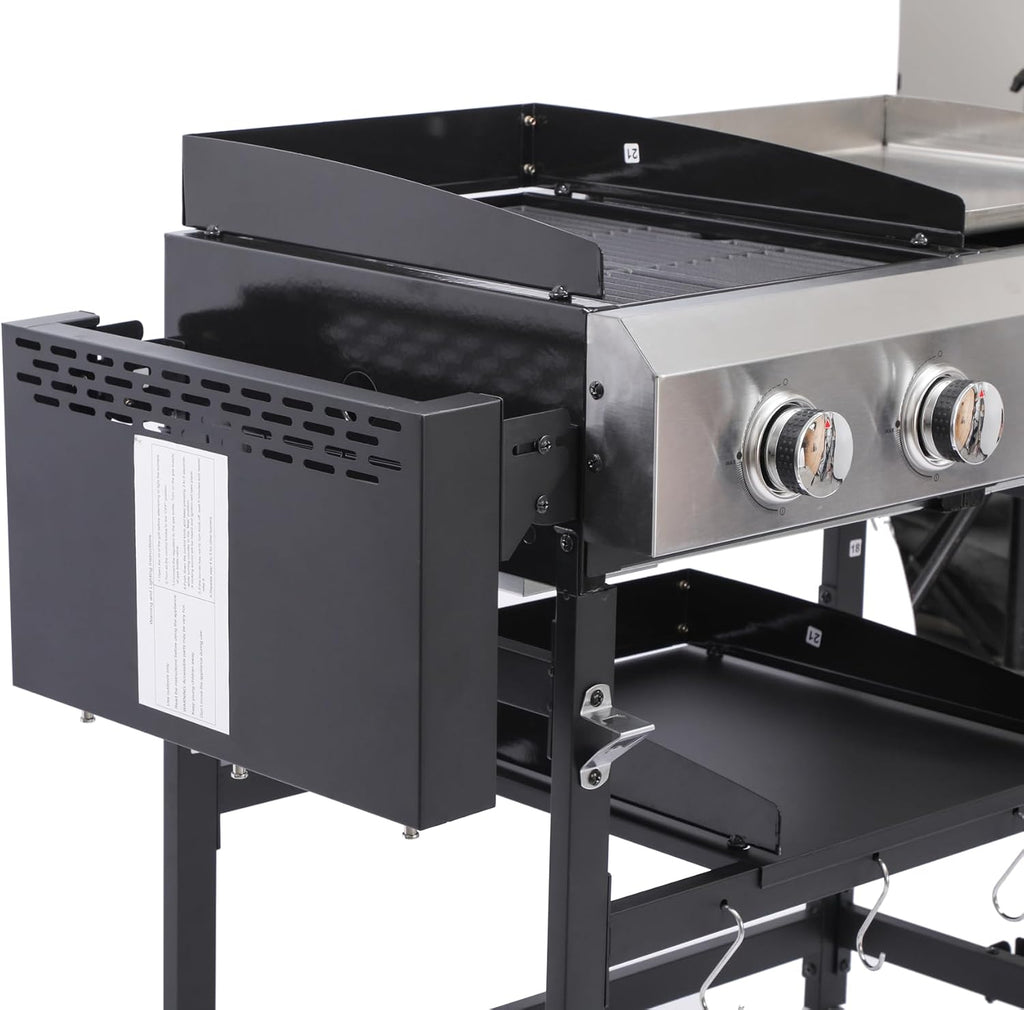 2+2-Burner Propane Gas BBQ Grill, 38200BTU Powerful Outdoor Grill with Stainless Steel Plancha & Side Tables, Portable Foldable Design for Backyard, Camping, Tailgating and Patio Barbecue (56 IN)
