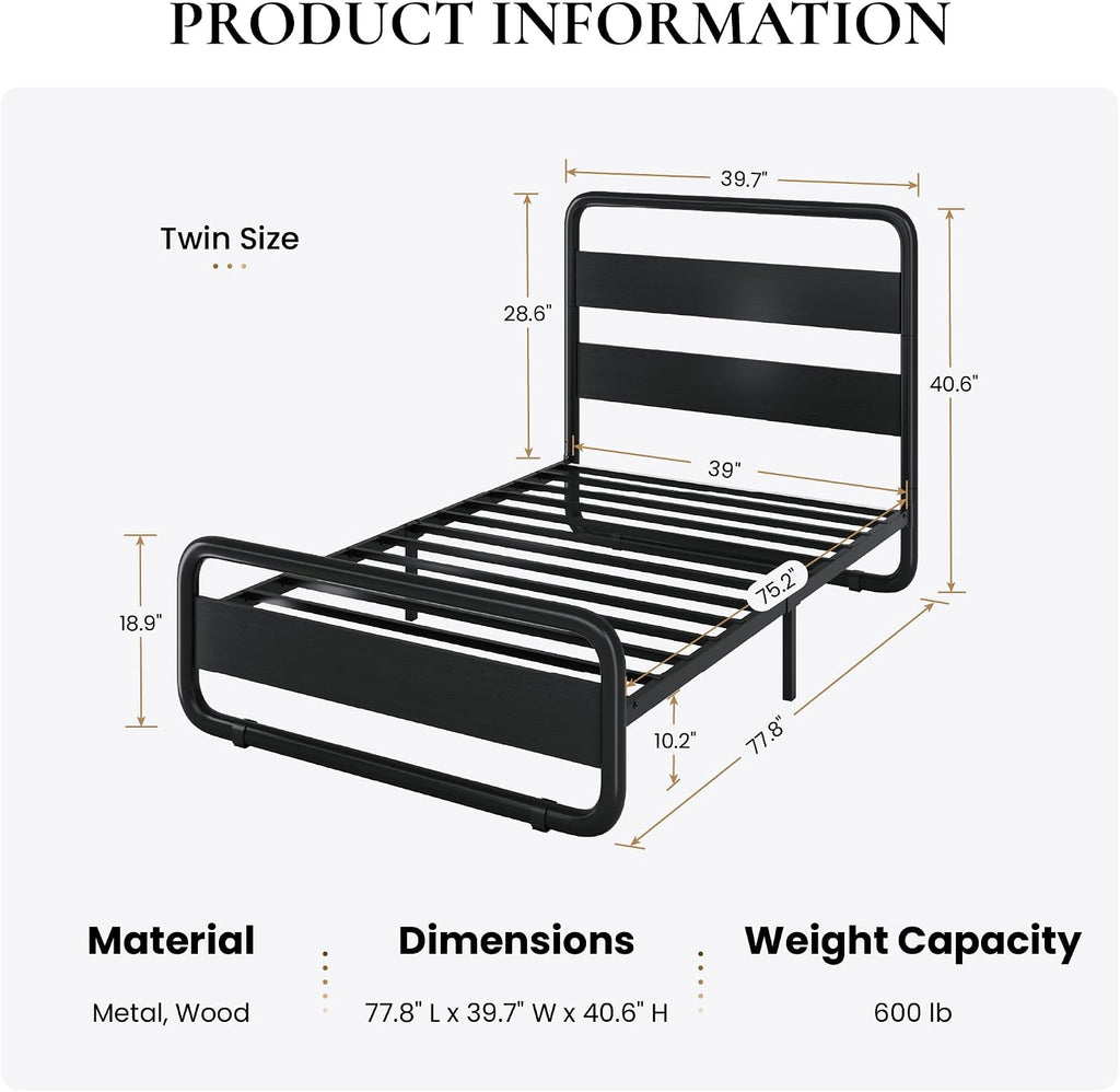 SHA CERLIN Twin Size Metal Bed Frame with Wooden Headboard and Footboard, Heavy Duty Oval-Shaped Platform Bed Frame with 10' Under-Bed Storage, Heavy Duty Slats Support, No Box Spring Needed, Black
