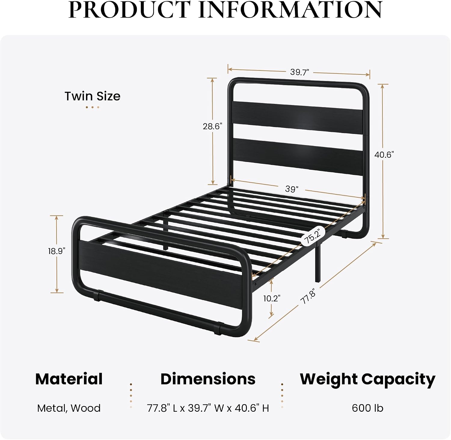 SHA CERLIN Twin Size Metal Bed Frame with Wooden Headboard and Footboard, Heavy Duty Oval-Shaped Platform Bed Frame with 10' Under-Bed Storage, Heavy Duty Slats Support, No Box Spring Needed, Black