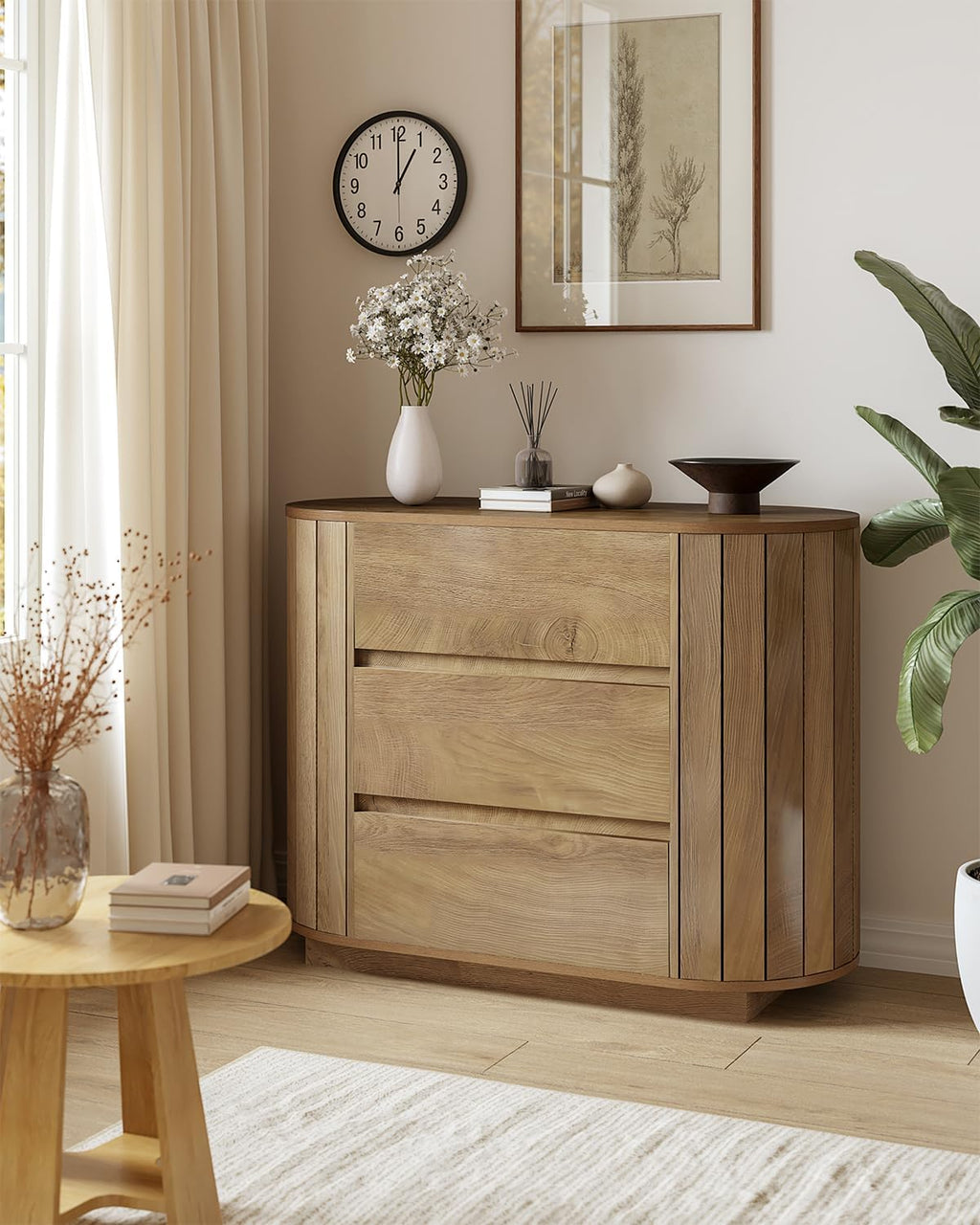 LITTLE TREE Large Nightstand, Oversized Night Stand Set 2, Slatted Side Design Wood Nightstand, 35' Wide End Tables, Modern Dresser with 3 Drawers for Bedroom,Entryway, Oak 2PCS