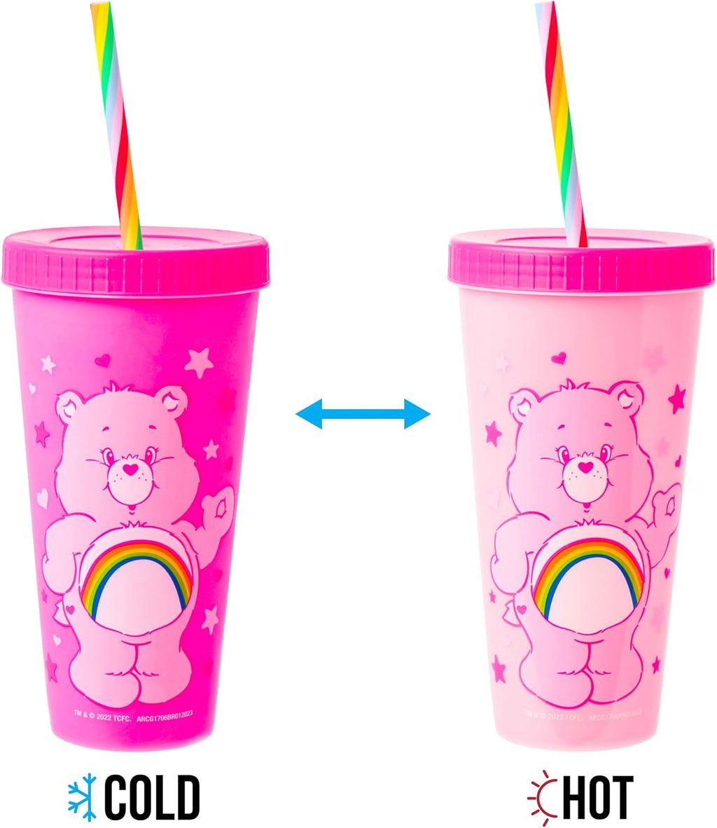 Silver Buffalo Care Bears Hearts and Stars 4 count Plastic Color Changing Tumblers with Rainbow Swirl Straws Featuring Tenderheart, Funshine, Cheer, and Grumpy Bear 24 Ounces (Pack of 12)