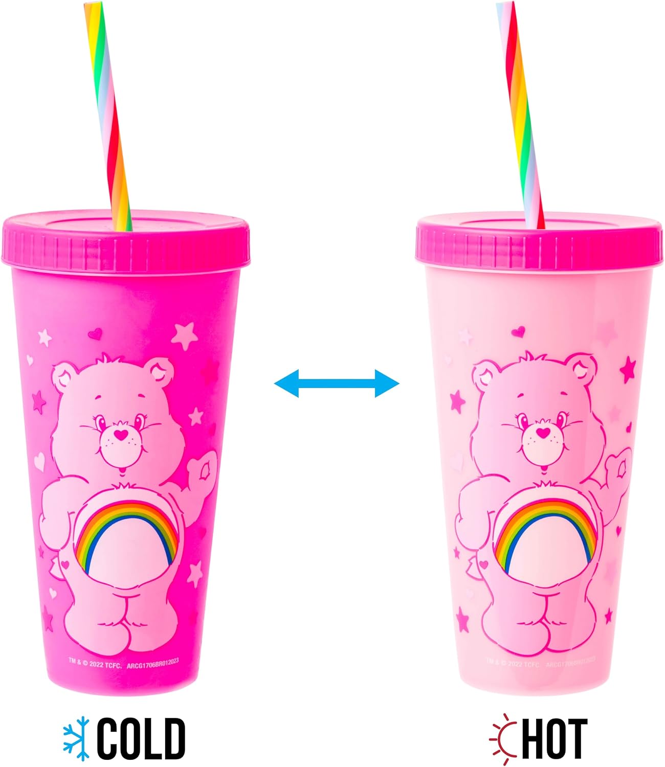Silver Buffalo Care Bears Hearts and Stars 4 count Plastic Color Changing Tumblers with Rainbow Swirl Straws Featuring Tenderheart, Funshine, Cheer, and Grumpy Bear 24 Ounces (Pack of 12)