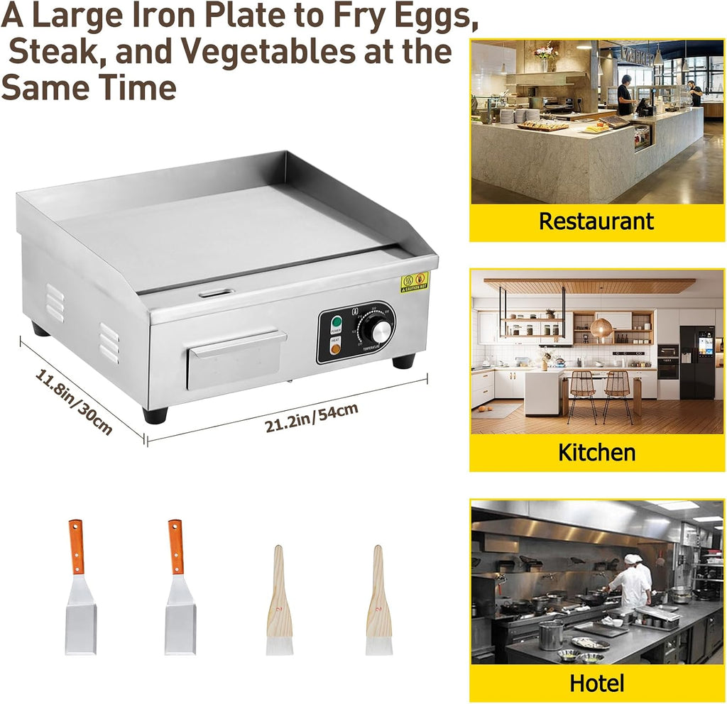 22' 1500W Electric Griddle – Stainless Steel Half-Flat Top Countertop Grill, 122°F-572°F Adjustable Temp, 2 Shovels & 2 Brushes with Plug for Home & Restaurant