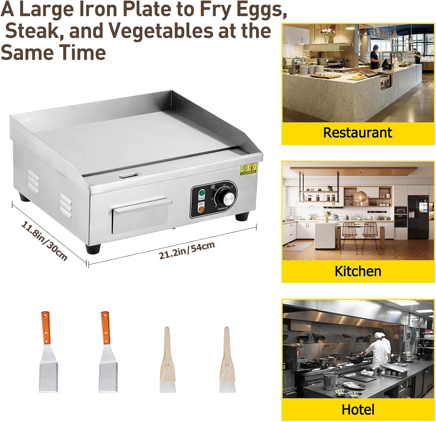 22' 1500W Electric Griddle – Stainless Steel Half-Flat Top Countertop Grill, 122°F-572°F Adjustable Temp, 2 Shovels & 2 Brushes with Plug for Home & Restaurant