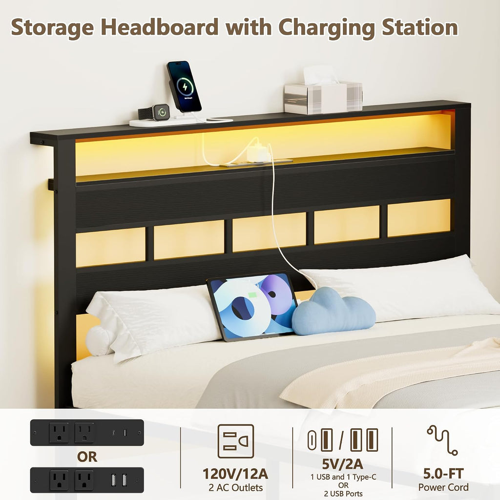 Furnulem Full Size Bed Frame with LED Light and Charging Station, Wood Storage Headboard with 2-Tier Shelves, Metal Platform Bed with Heavy Duty Slats Support, No Box Spring Needed, Black Oak