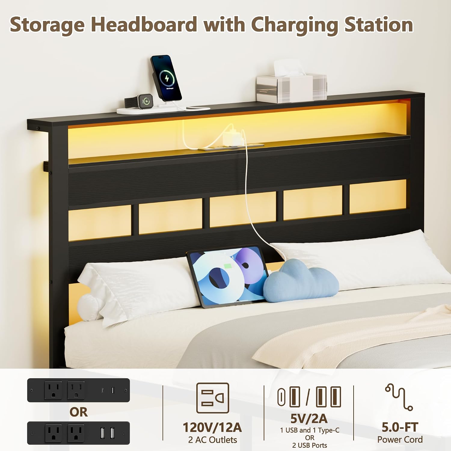 Furnulem Full Size Bed Frame with LED Light and Charging Station, Wood Storage Headboard with 2-Tier Shelves, Metal Platform Bed with Heavy Duty Slats Support, No Box Spring Needed, Black Oak