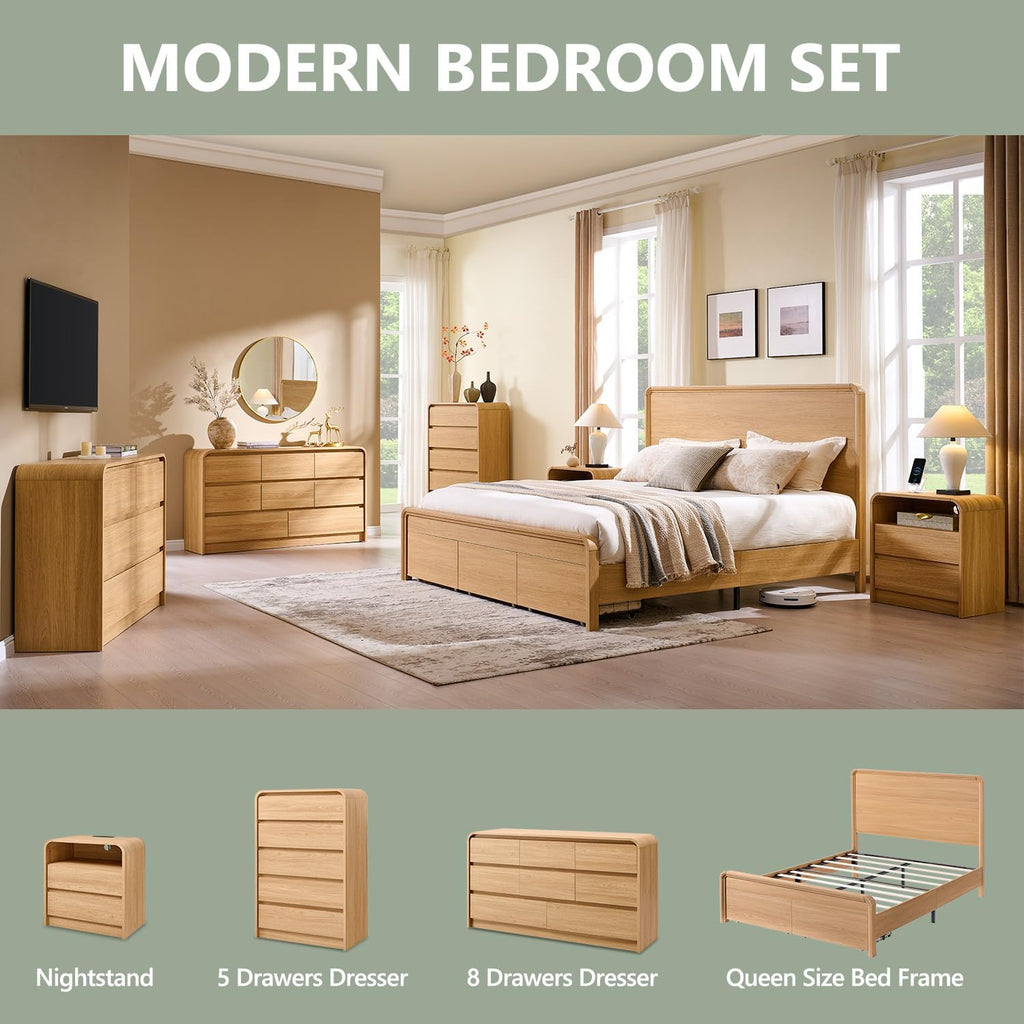 Aitjunz Modern Queen Size Bed Frame with 50' Tall Headboard, Wood Queen Size Platform Bed Frame w/3 Storage Drawers, Curved Profile Design, Wood & Steel Platform Bed, No Box Spring Needed, Natural Oak