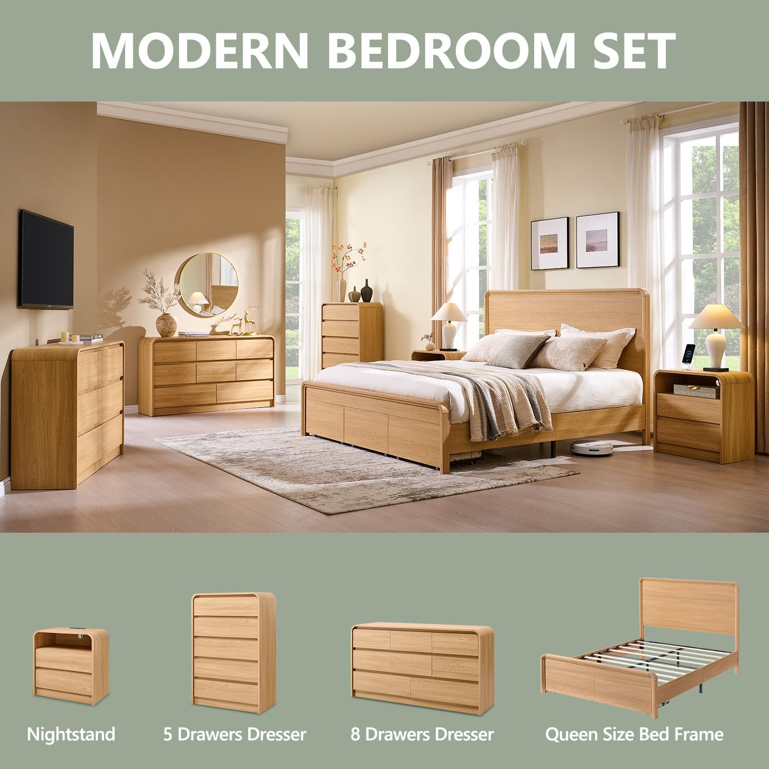 Aitjunz Modern Queen Size Bed Frame with 50' Tall Headboard, Wood Queen Size Platform Bed Frame w/3 Storage Drawers, Curved Profile Design, Wood & Steel Platform Bed, No Box Spring Needed, Natural Oak
